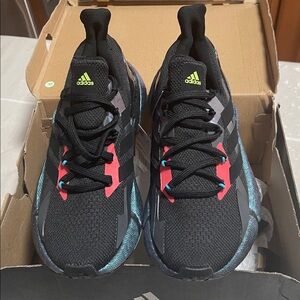 adidas X9000L4 Kids Black and Red Sneakers with Green Logo